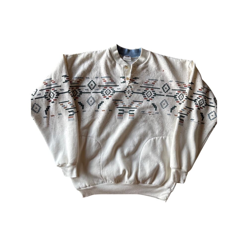 Vintage Art Unlimited USA Made Bonnie Kasper Santa Fe Aztec White L Crewneck